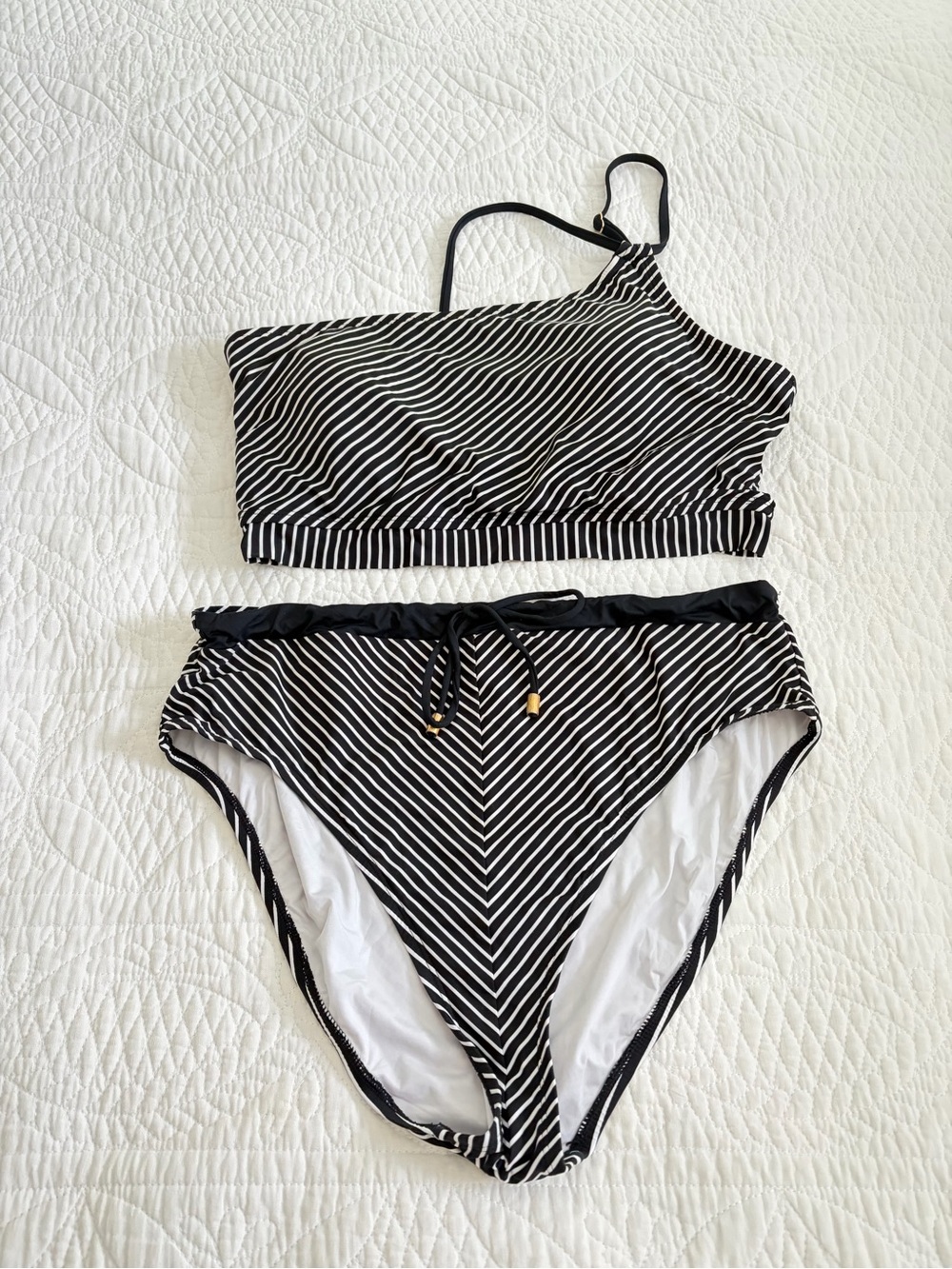 LABLANCA Pin Stripes Banded One Shoulder Bikini Top&High Waist Bottoms.Blk/Wh.14